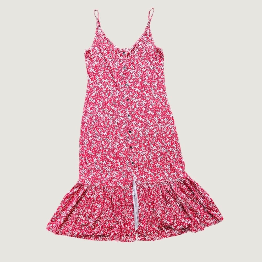 Roxy Womens Red White Floral Button Front Ruffle Hem Midi Sundress Size Large